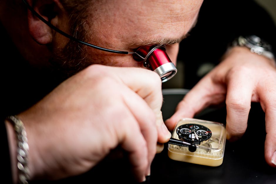 Close-up of a watchmaker carefully inspecting a timepiece with a magnifying glass.